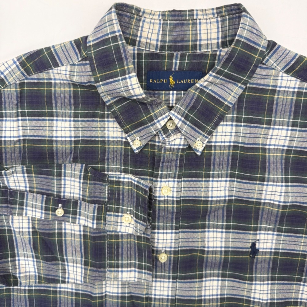 Ralph Lauren Button Down Men XXL Blue Green Plaid Long Sleeve Pony Logo Shirt
